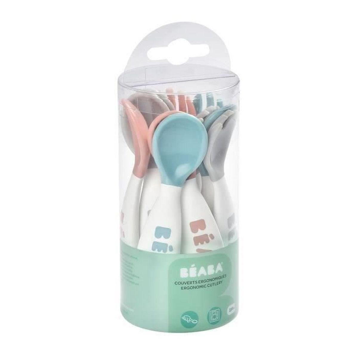Ein Set Baby-Löffel in Türkis, Rosa und Grau in transparenter Verpackung.