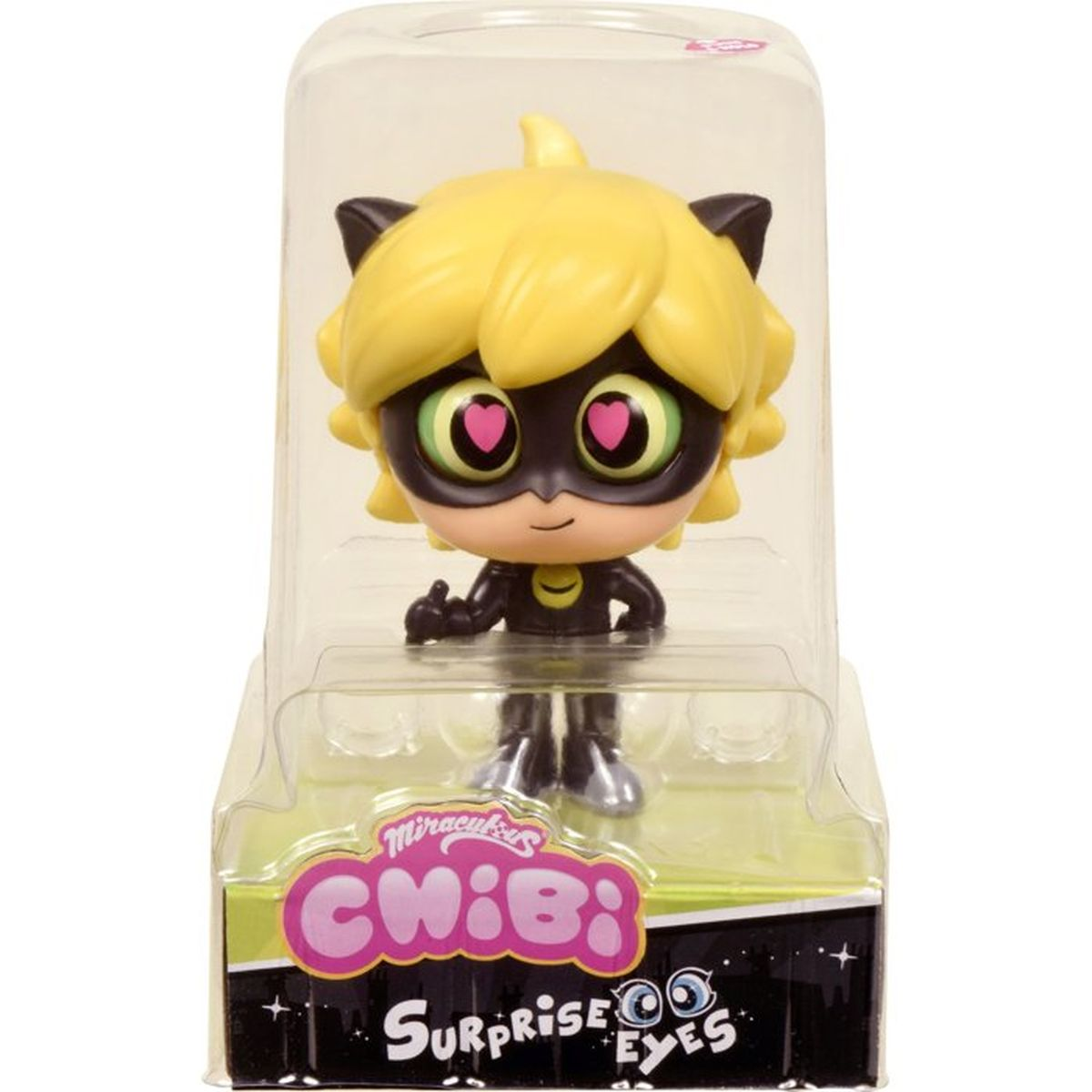 Eine kleine Figur von Cat Noir mit gelben Haaren und schwarzer Maske.