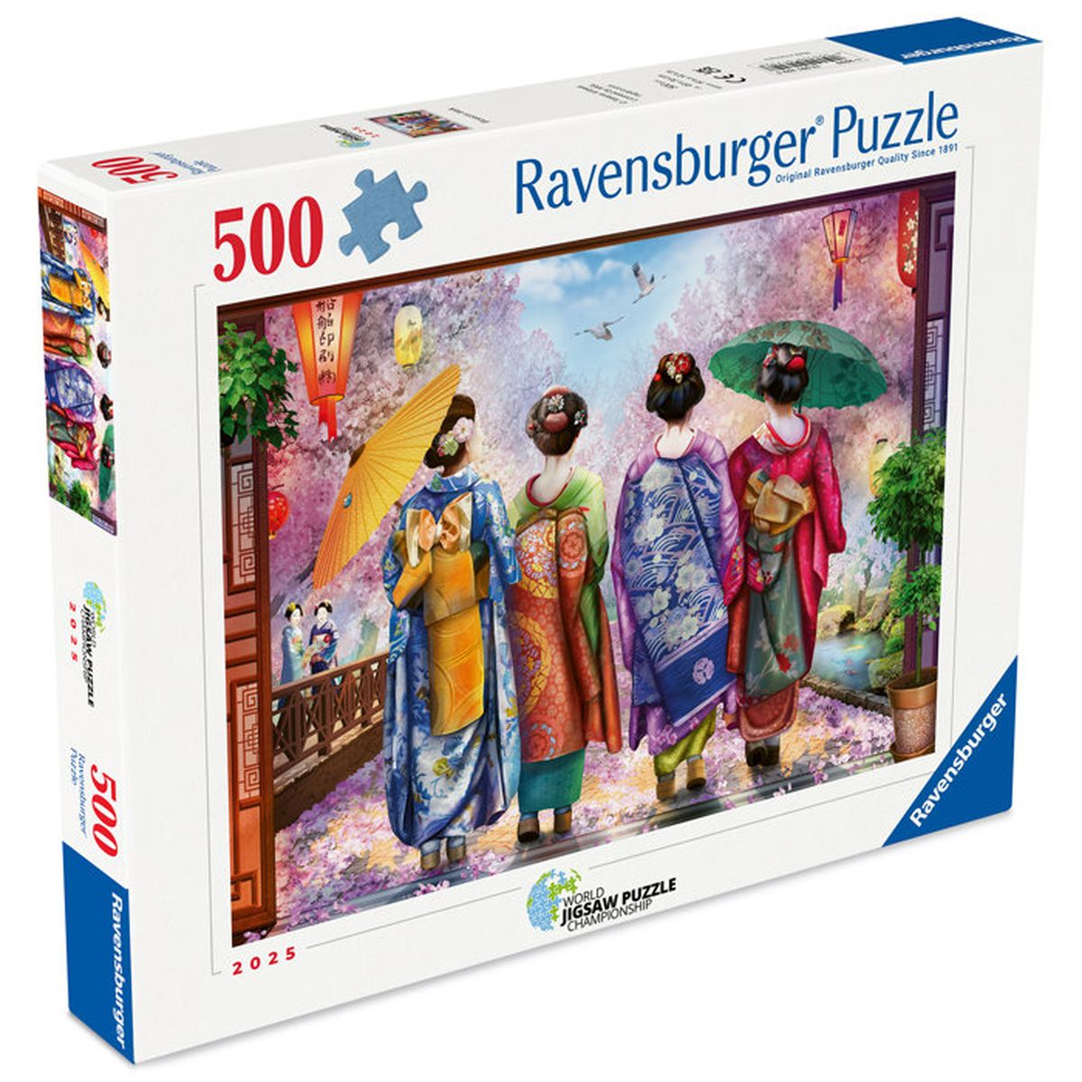 Puzzle-Schachtel mit vier Frauen in Kimonos, die durch einen Kirschblütenhain gehen.