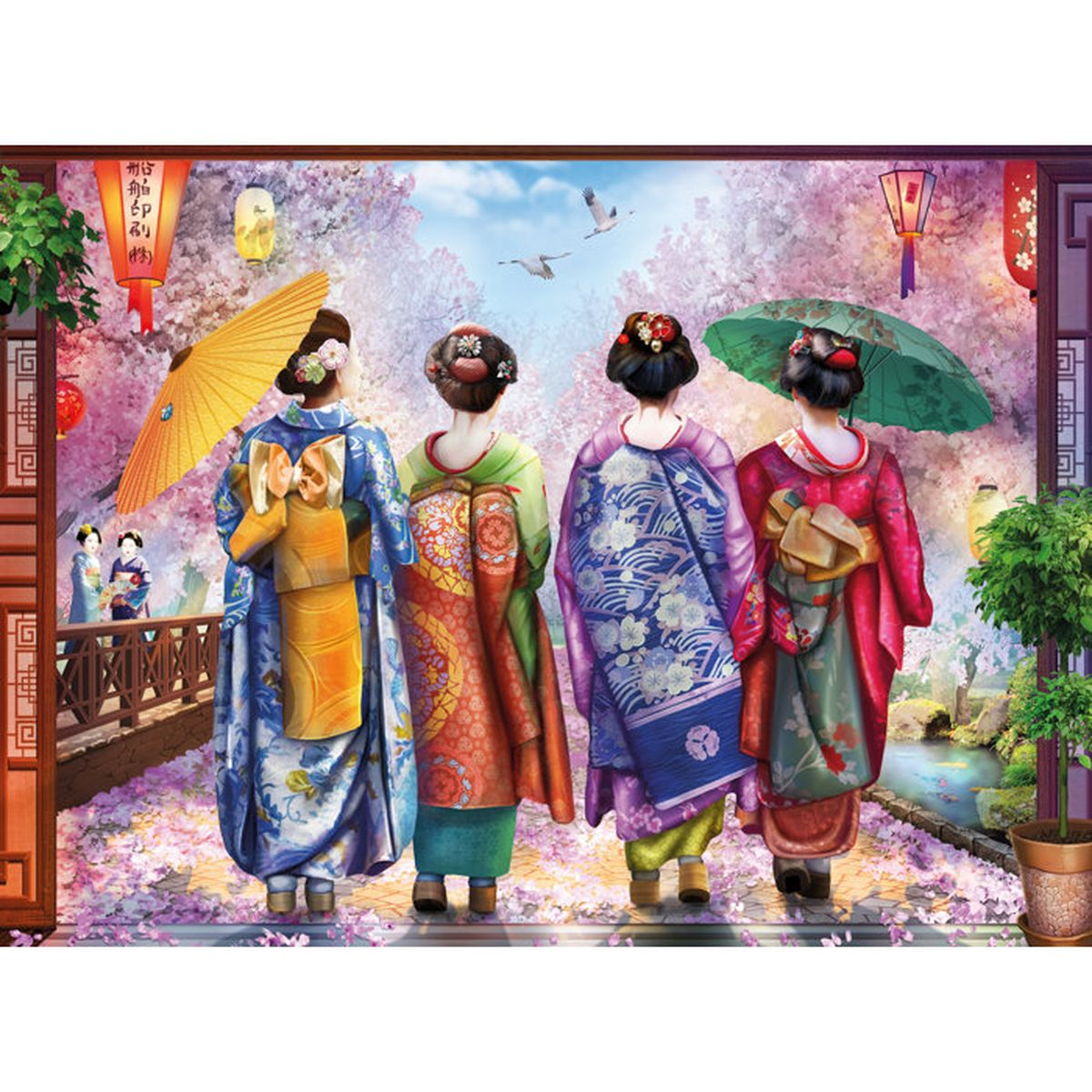 Vier Frauen in Kimonos mit Kirschblüten und Laternen im Hintergrund.