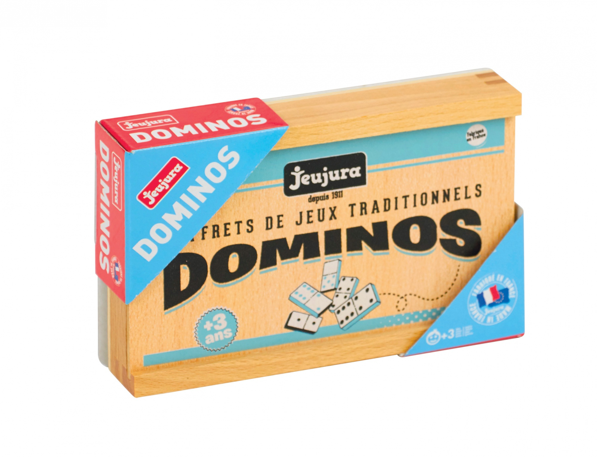 Houten doos met dominostenen, met opschrift "Jeujura DOMINOS".