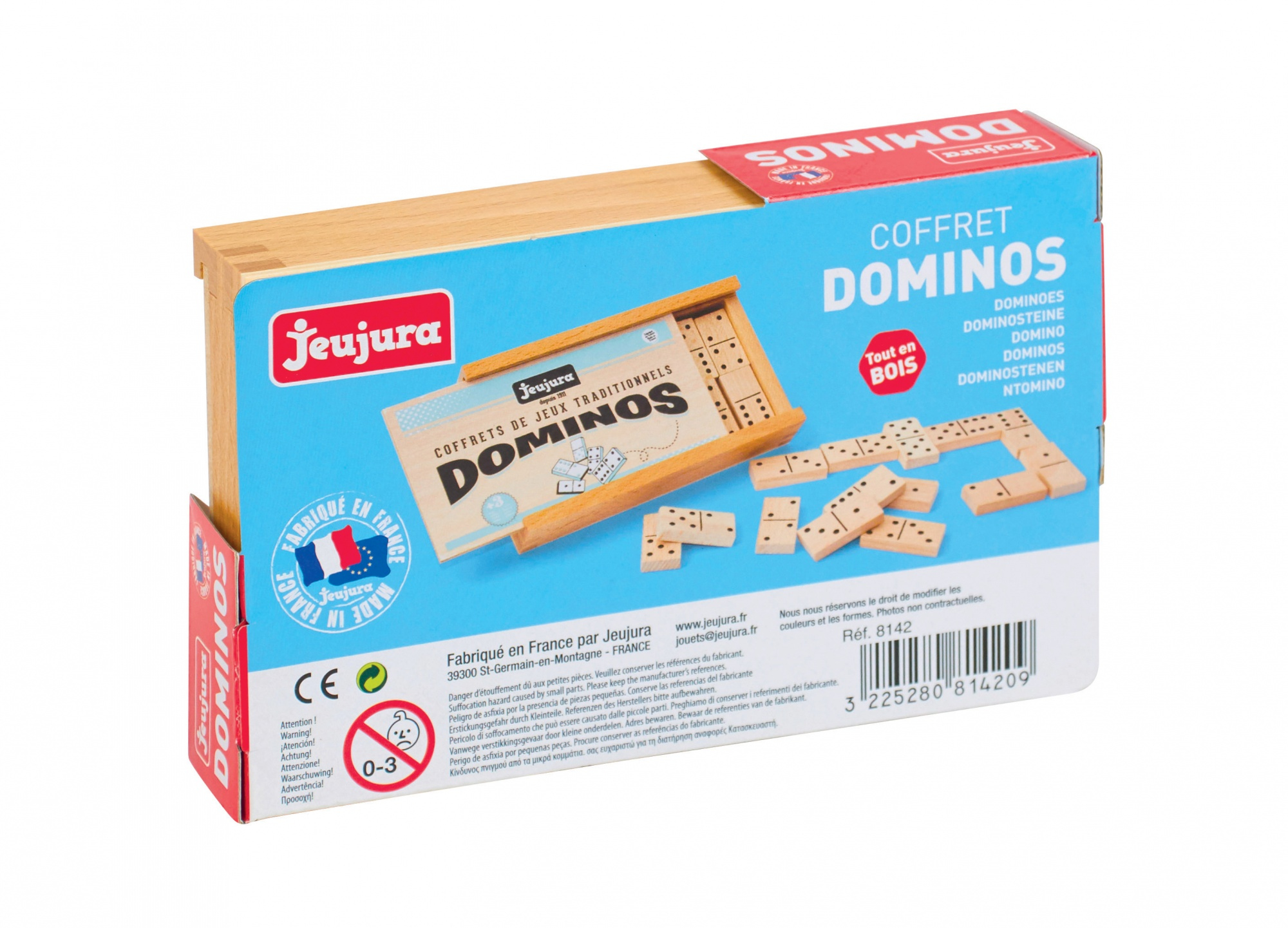 Houten domino set van Jeujura in houten kist met dominostenen. Gemaakt in Frankrijk.