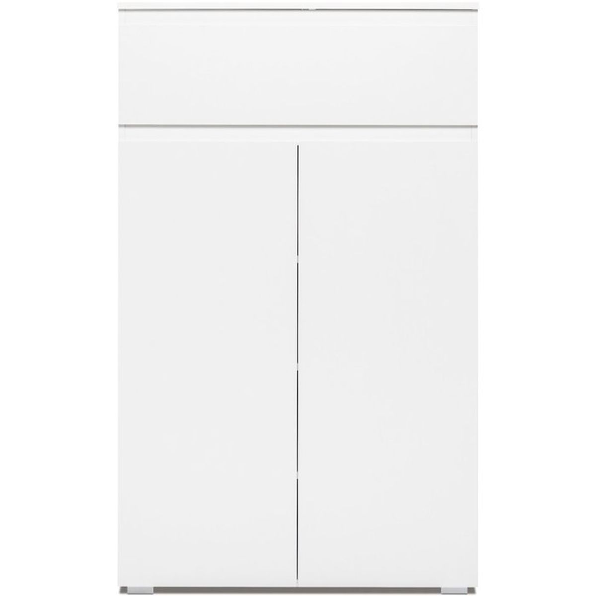Ein weißer Schrank mit zwei Türen und einer Schublade darüber.