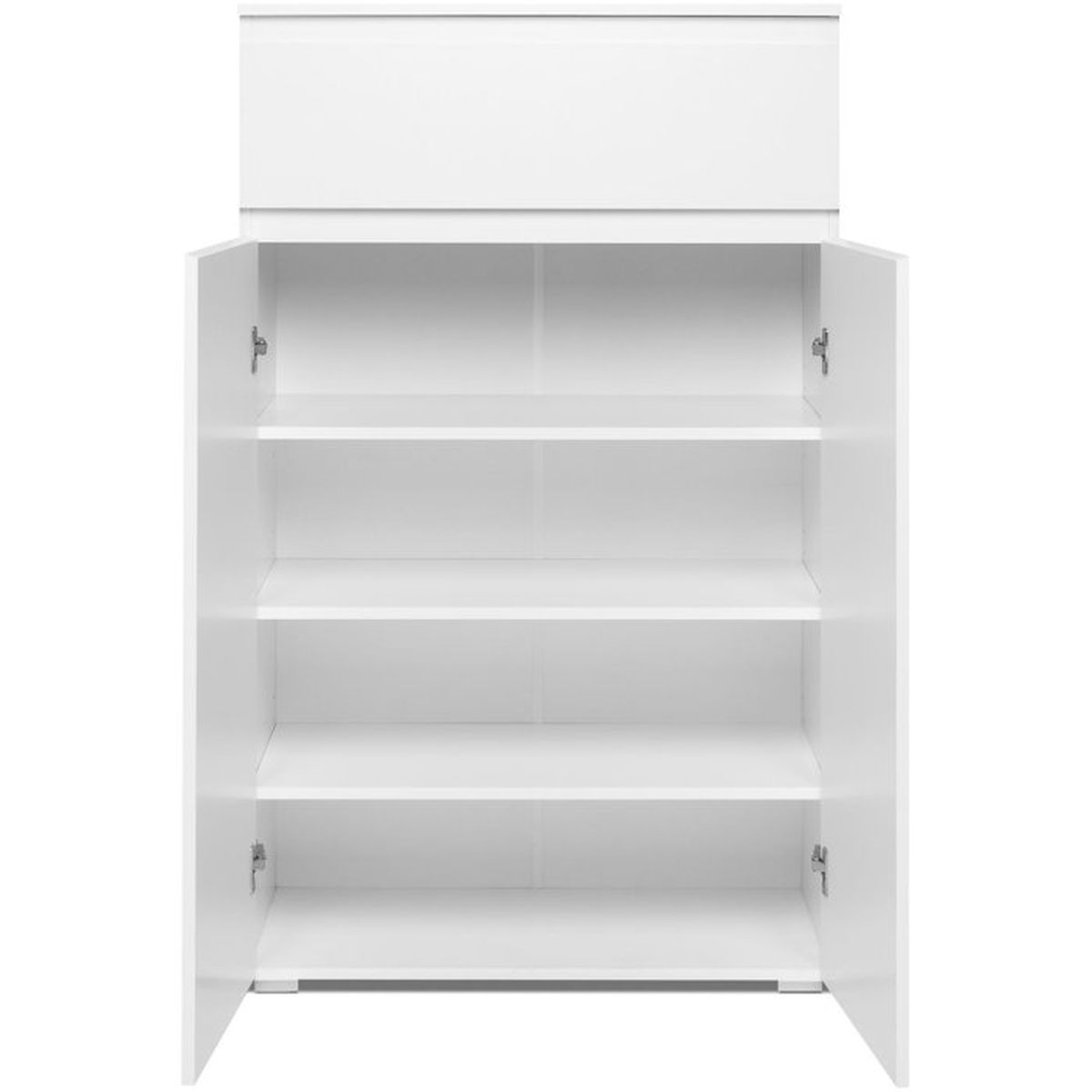 Ein offener weißer Schrank mit vier Regalen auf weißem Hintergrund.