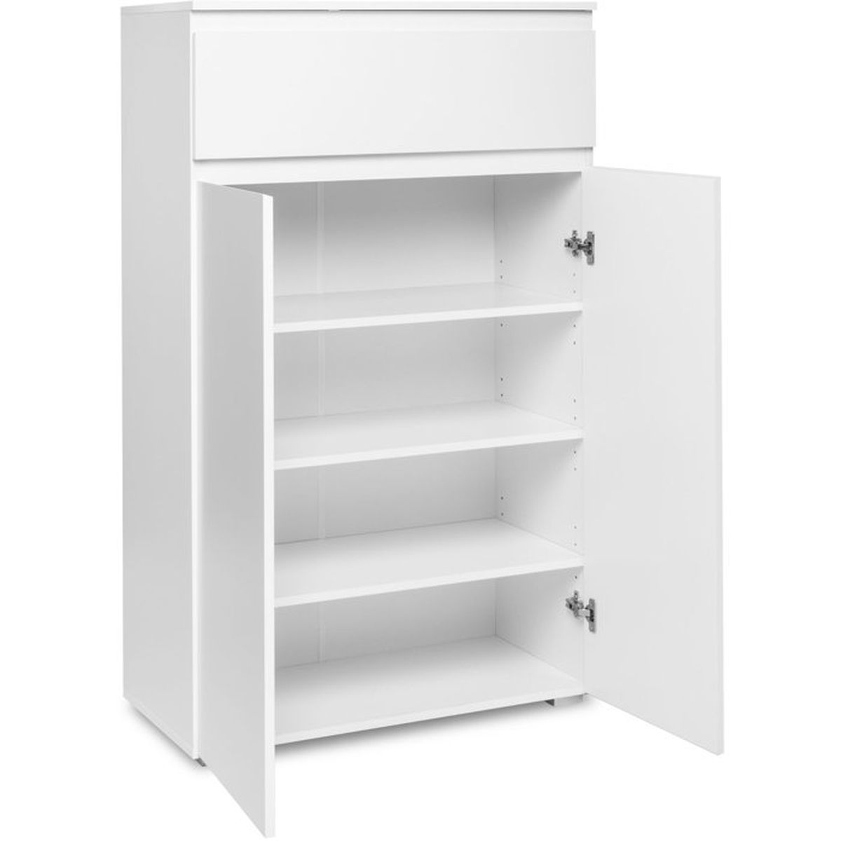 Ein weißer Schrank mit einer offenen Tür, vier Regalen und einer Schublade.