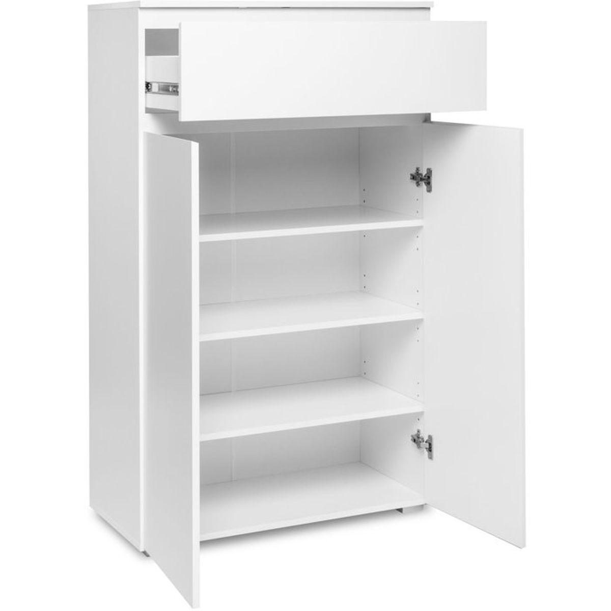 Ein weißer Schrank mit offener Tür und Schublade. Mehrere Regale sind sichtbar.