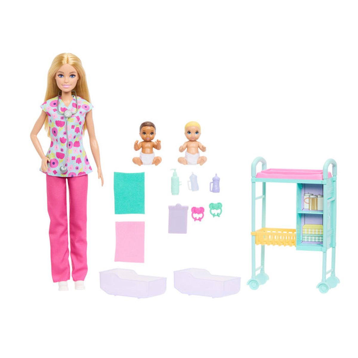 Barbie-Puppe mit medizinischer Kleidung, Babys, Betten, Wickeltisch und Zubehör.