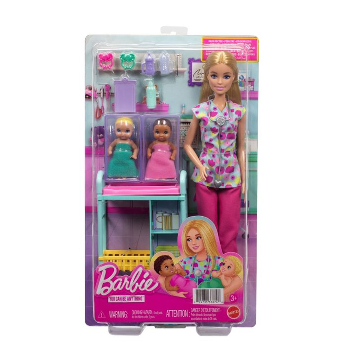 Barbie als Kinderärztin mit Babypflegezubehör und zwei Babypuppen.