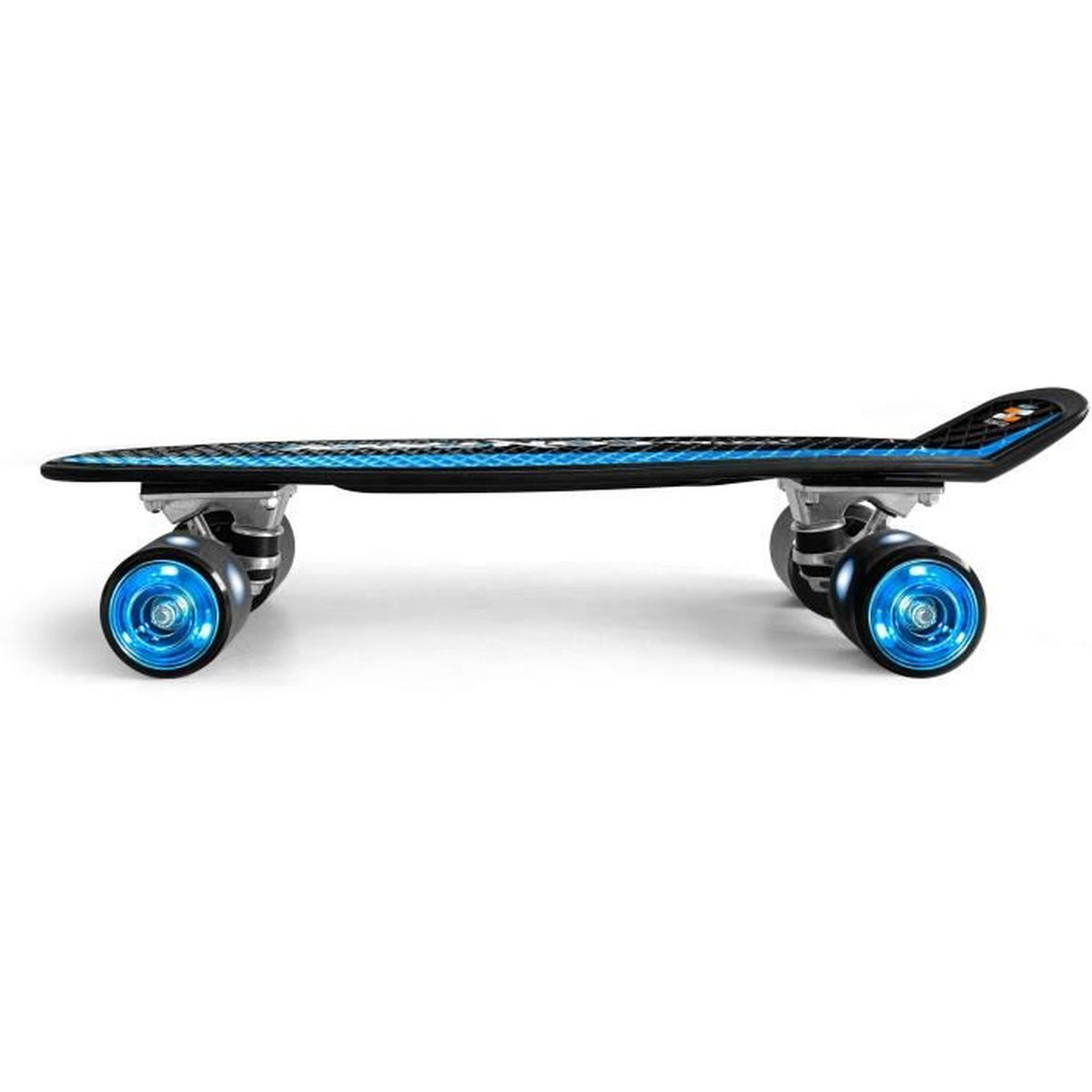 Ein Skateboard mit blauem Muster und leuchtenden blauen Rädern.