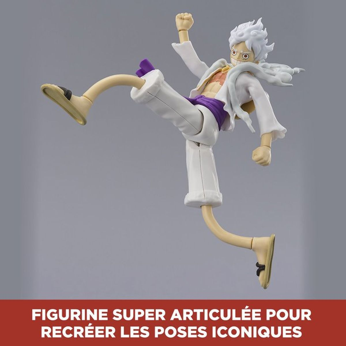 Eine Actionfigur mit weißen Haaren und Kleidung, die in der Luft schwebt.