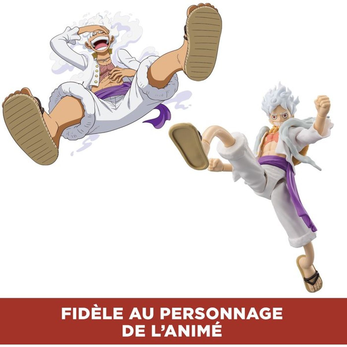 Zwei Anime-Figuren in Aktion, eine springt, die andere tritt. Weiße Kleidung, lila Gürtel.
