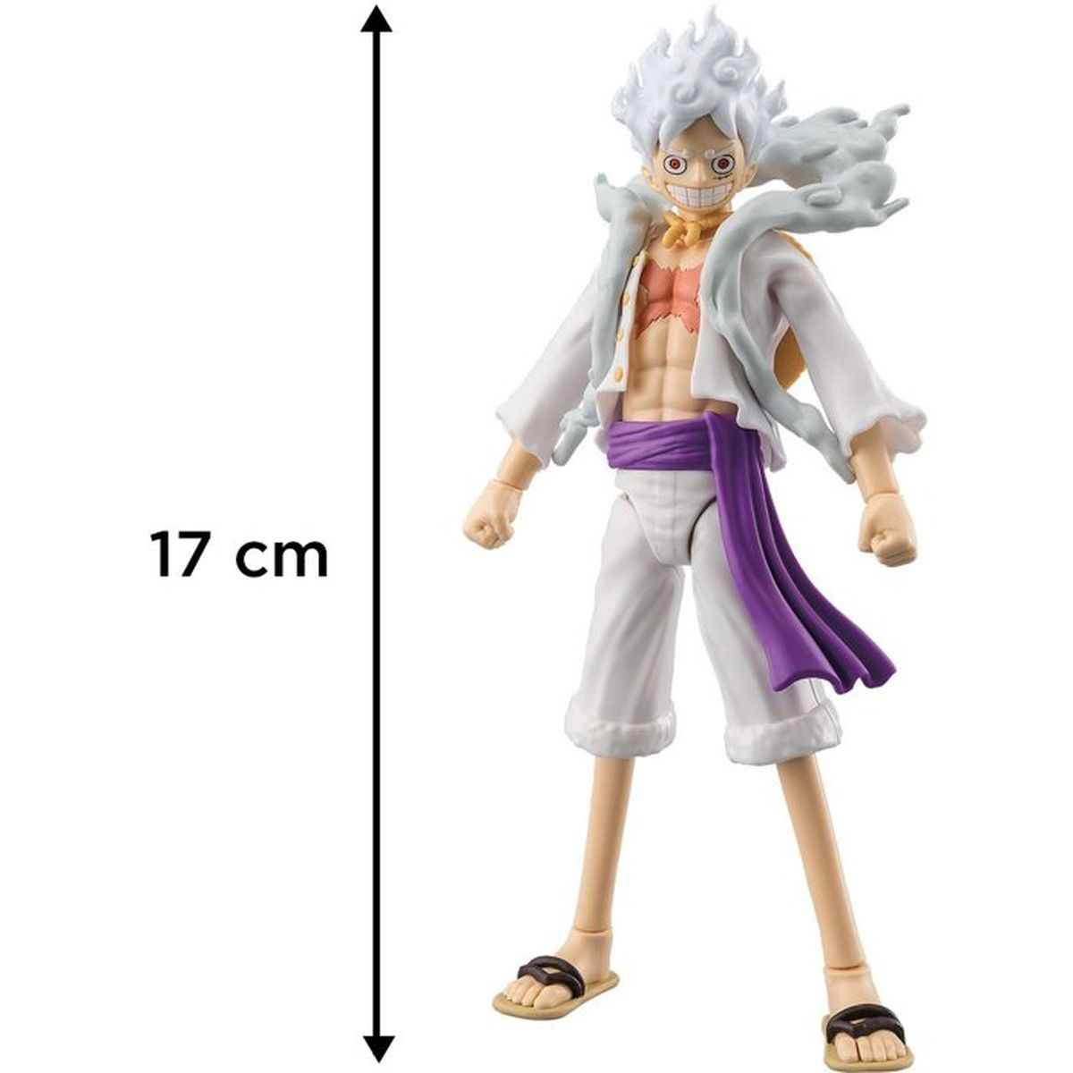 Actionfigur von Monkey D. Luffy in Gear 5, weiße Haare, weiße Kleidung, lila Schärpe, 17cm groß.