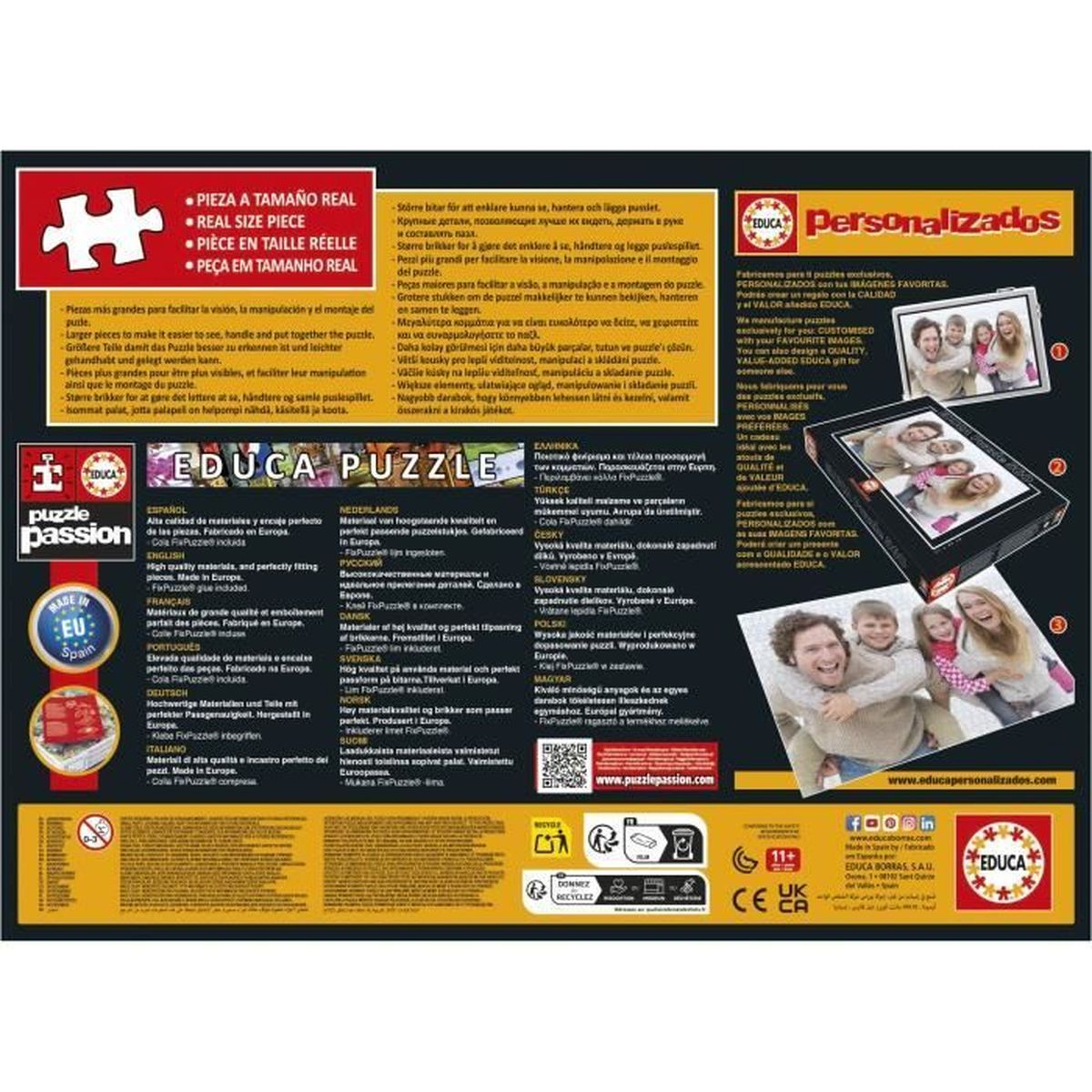 Verpackung für ein Educa Puzzle mit mehrsprachigen Informationen und personalisierbaren Optionen.