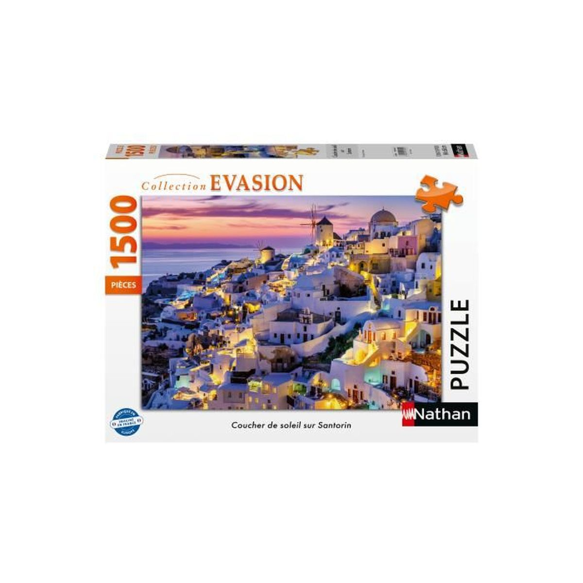 Scatola puzzle con Santorini al tramonto, edifici bianchi e mulini.