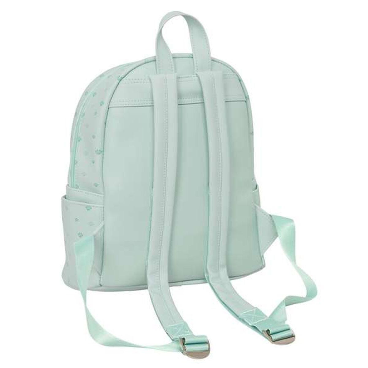 Ein hellgrüner Rucksack mit zartem Muster, von hinten gesehen.
