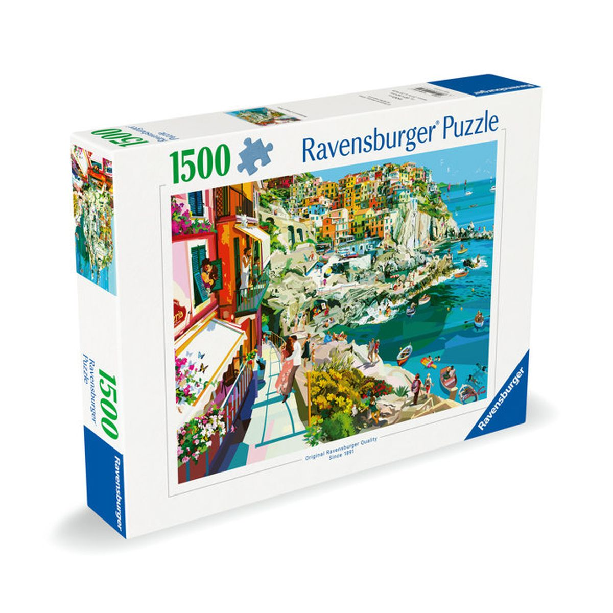 Puzzle Ravensburger da 1500 pezzi con colorata città costiera sul mare.