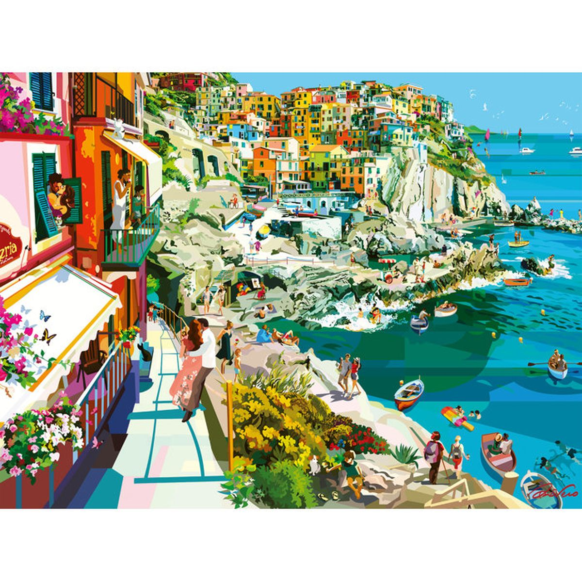 Case colorate su scogliere, persone in spiaggia e in acqua, barche sul mare.
