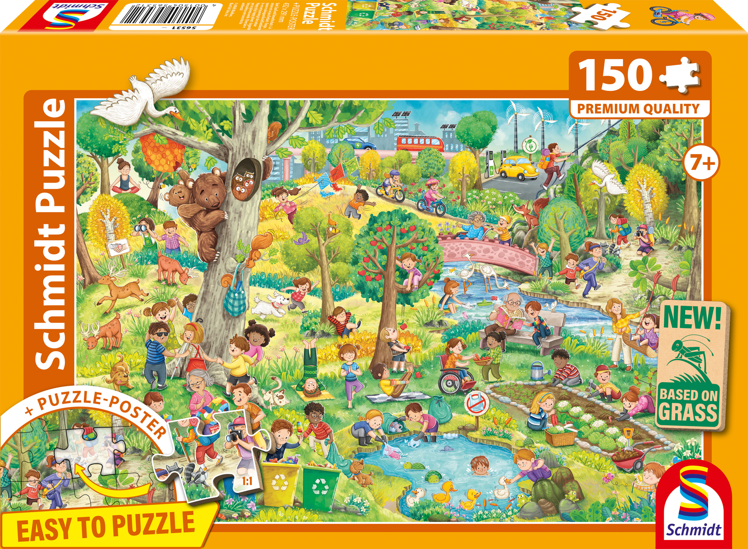 Bunte Illustration einer 150-Teile-Puzzle-Packung mit Kindern, Tieren und Natur.