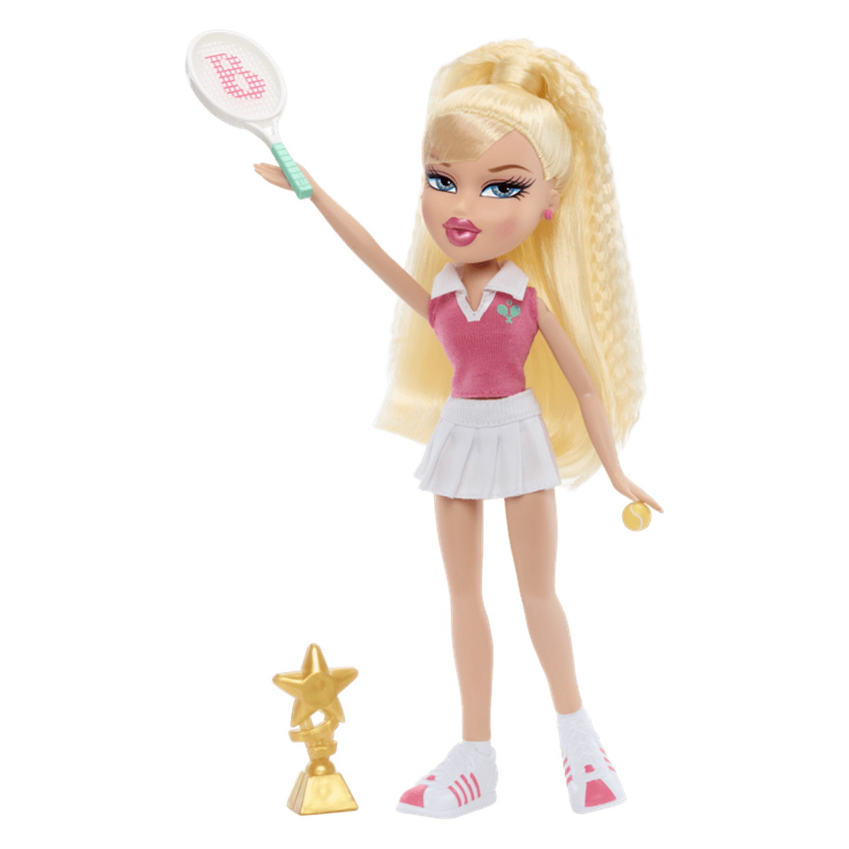 Ein Tennis-Mädchen mit blonden Haaren hält einen Schläger und einen Ball.