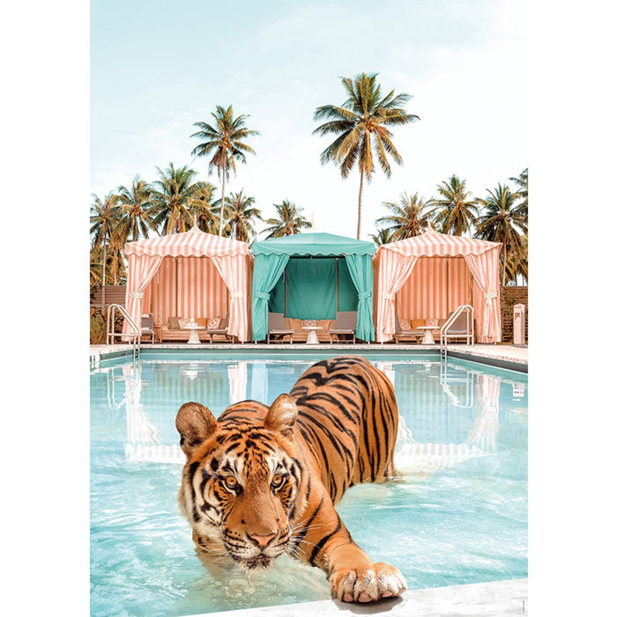 Tiger kommt aus einem Pool mit Palmen und Cabanas im Hintergrund.