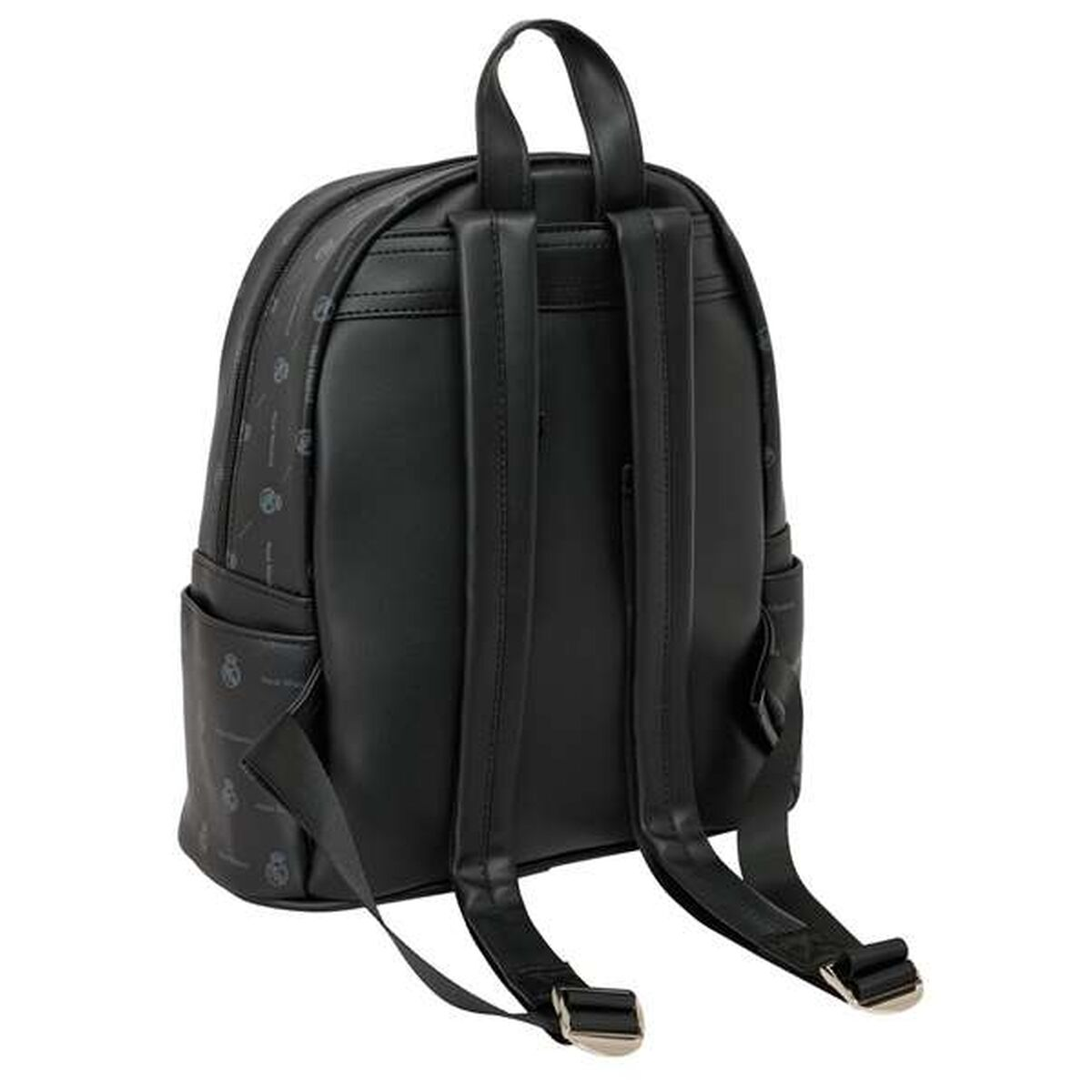 Schwarzer Rucksack mit Logo-Muster und verstellbaren Trägern.