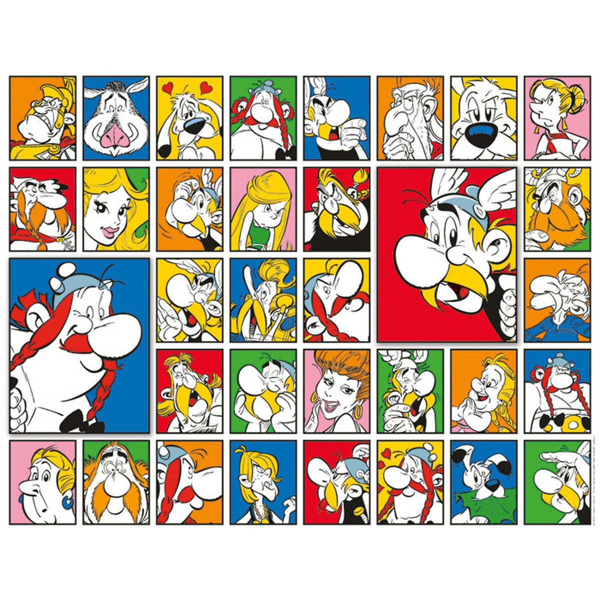Collage von Asterix-Charakteren in bunten quadratischen Rahmen.