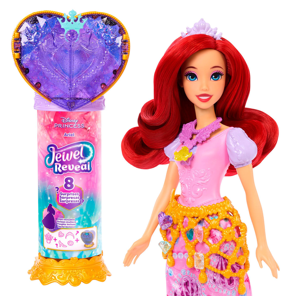 Muñeca Ariel con tubo de juguete Jewel Reveal y abridor en forma de corazón.