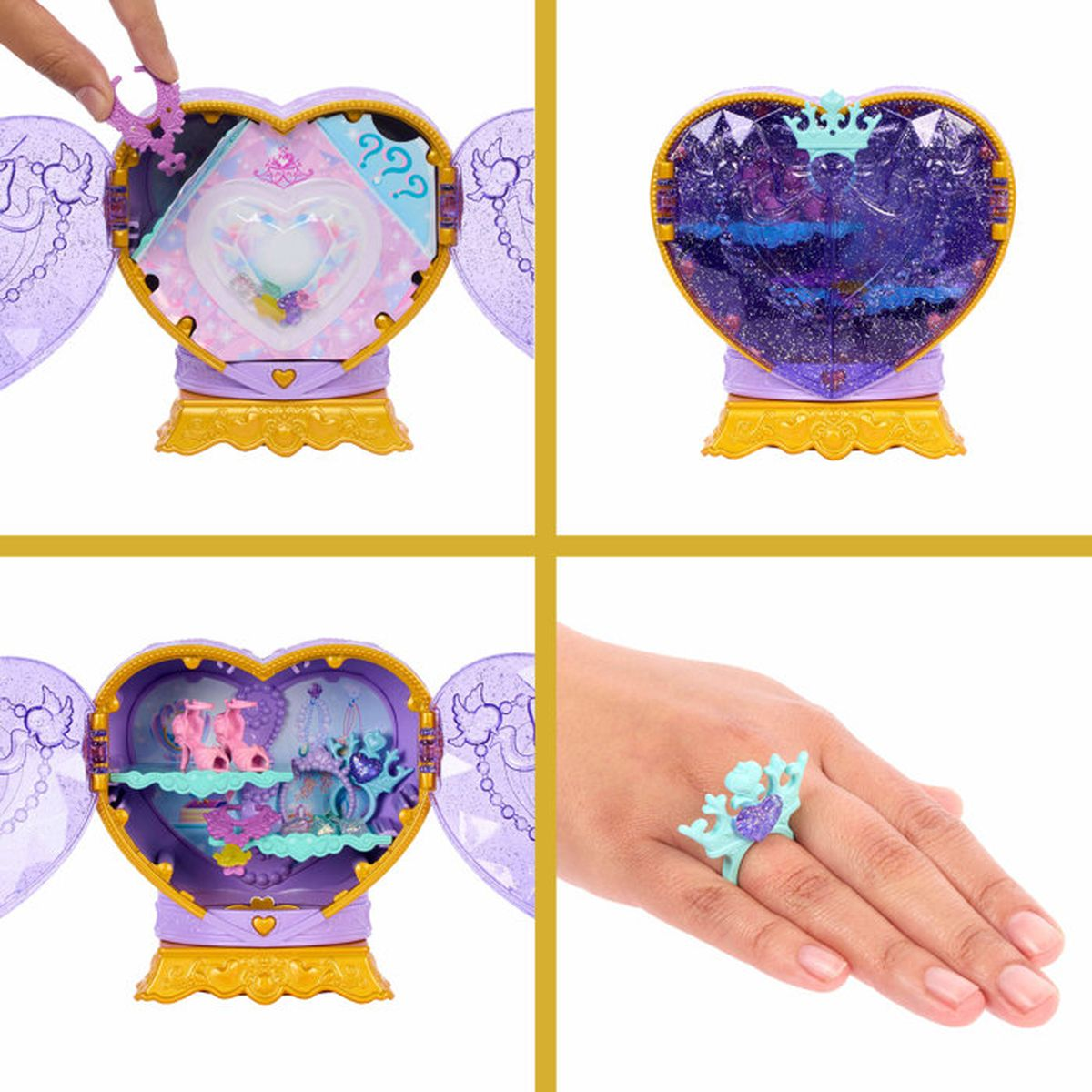 Exhibidor de juguetes en forma de corazón con alas, lleno de accesorios y un anillo.