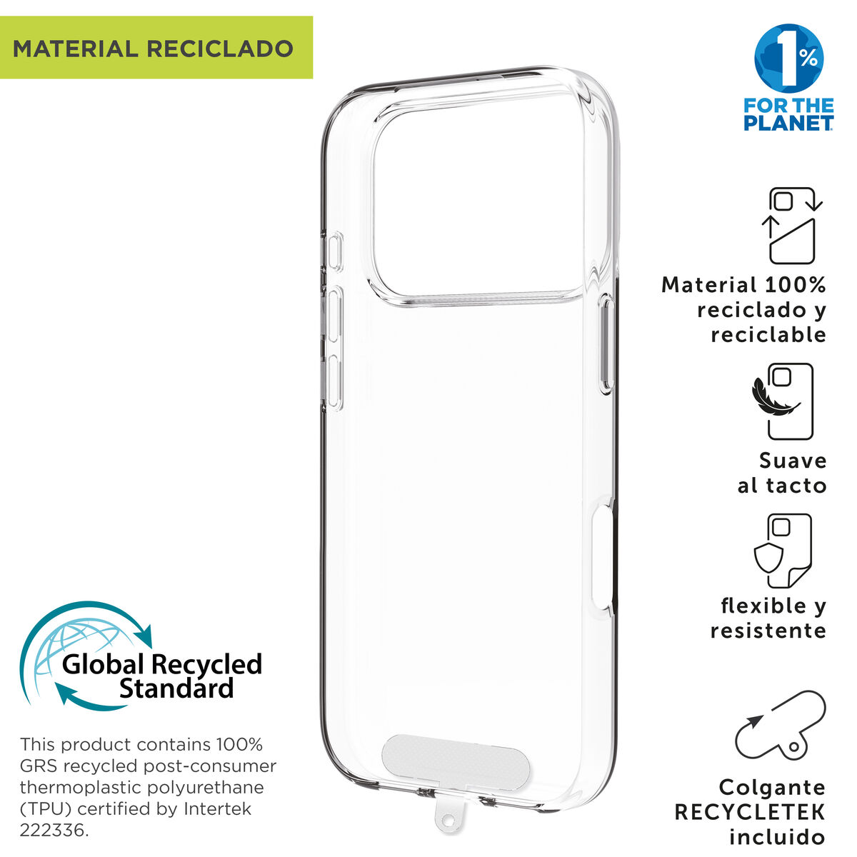 Transparente Handyhülle aus 100% recyceltem Material mit Umweltzertifikaten.