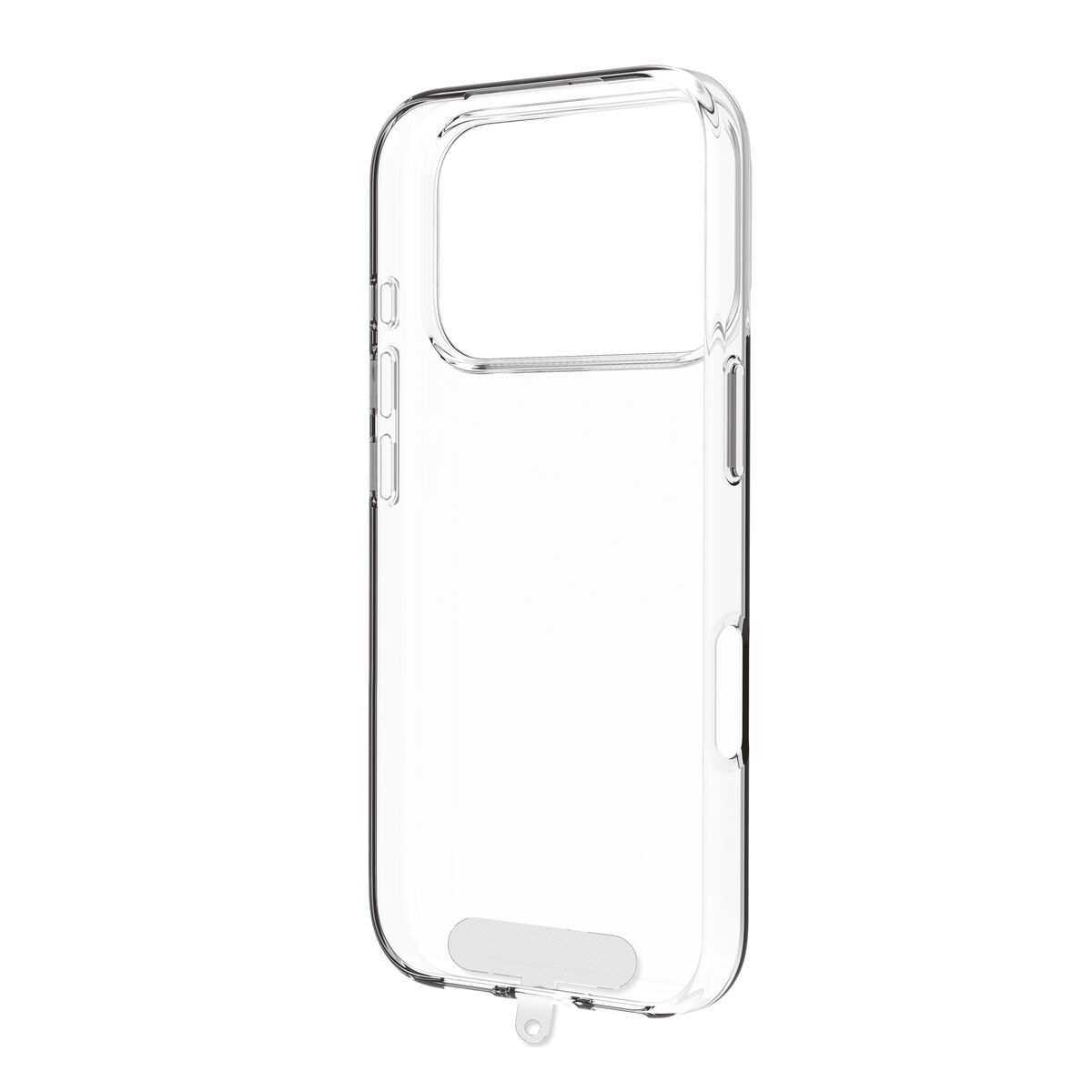 Transparente Hülle für ein Smartphone mit Aussparungen und einem Lanyard-Loch.