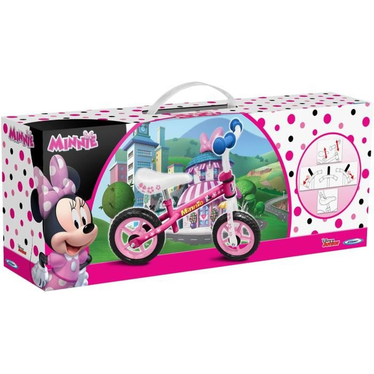 Minnie Maus Laufrad-Verpackung mit pinkem Rad, Minnie-Grafik und Stadtszene.
