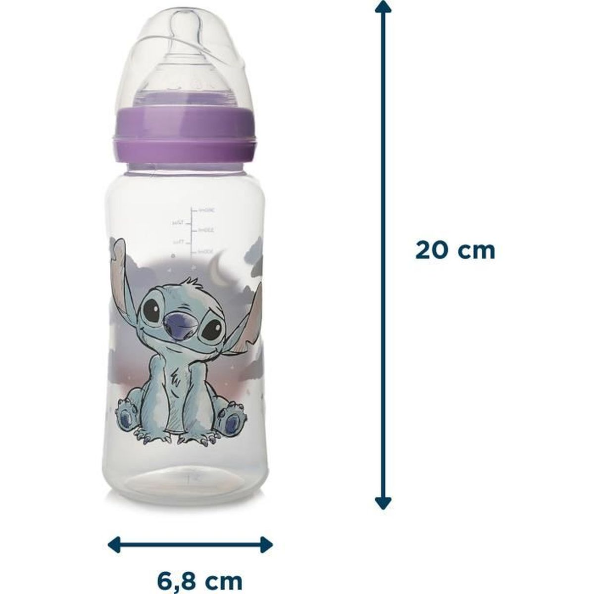 Babyflasche mit Stitch-Motiv, lila Ring und Deckel. Maße 20 cm hoch, 6,8 cm breit.