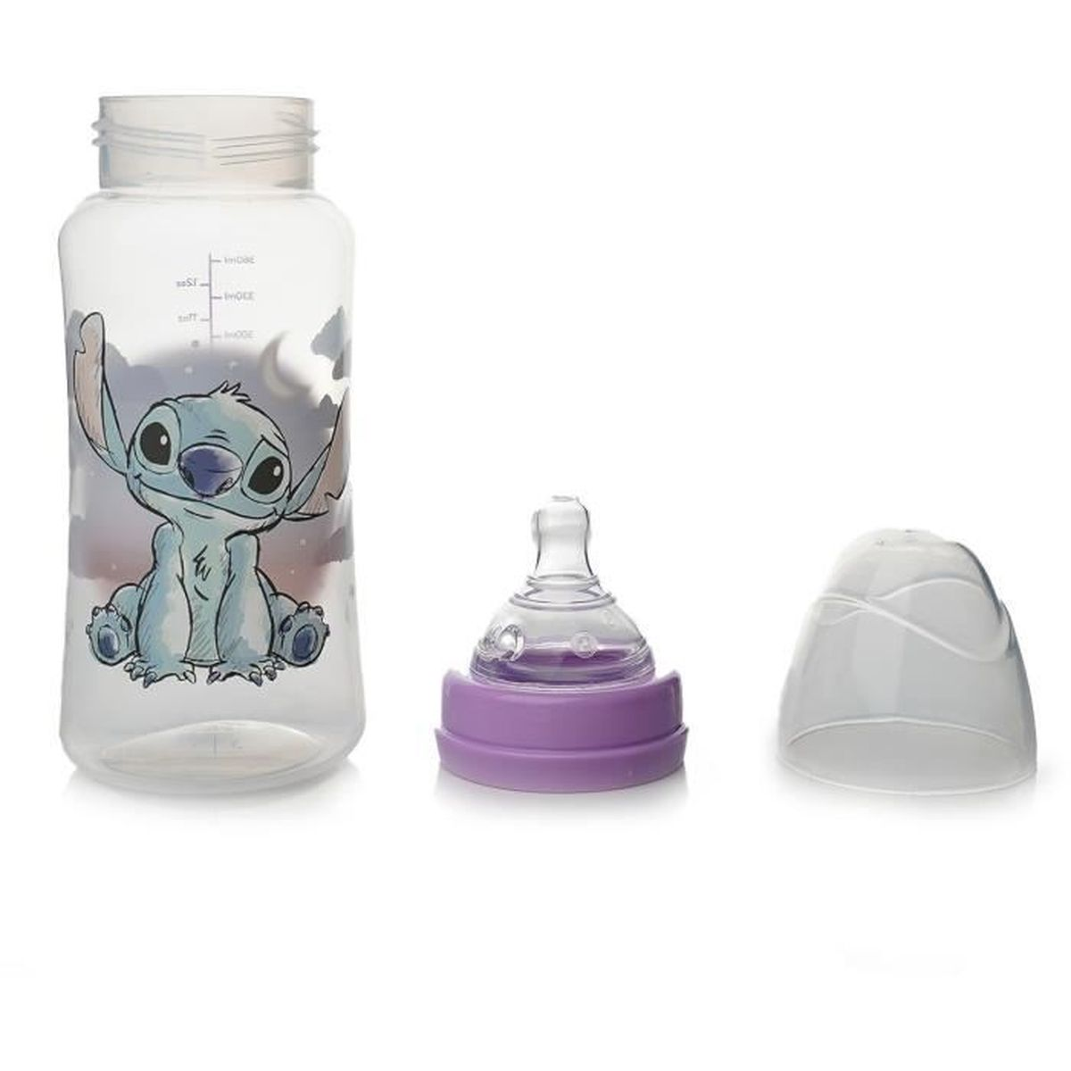 Babyflasche mit Stitch-Motiv, lilafarbener Saugring und transparenter Kappe.