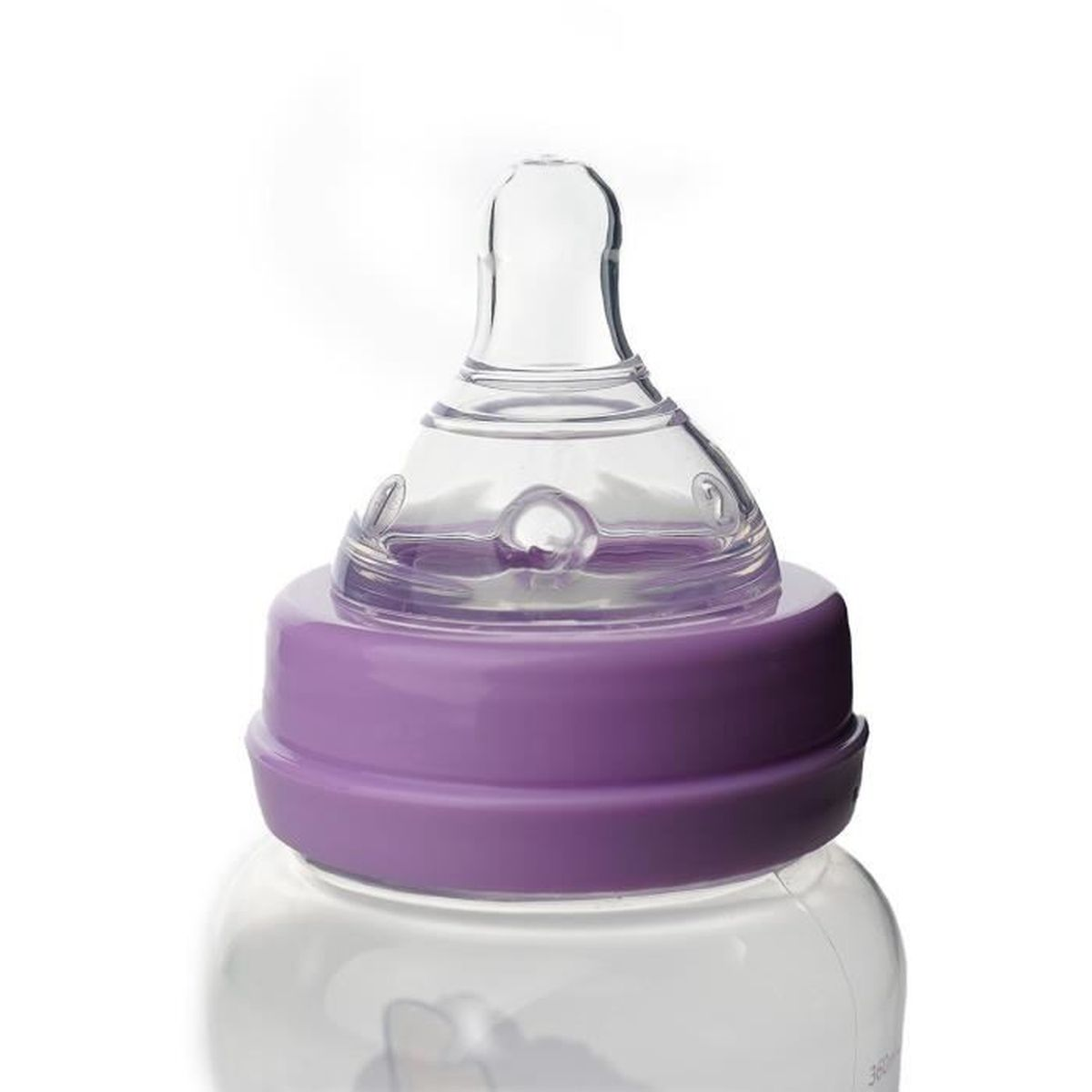 Nahaufnahme einer Babyflasche mit lila Ring und transparentem Sauger.