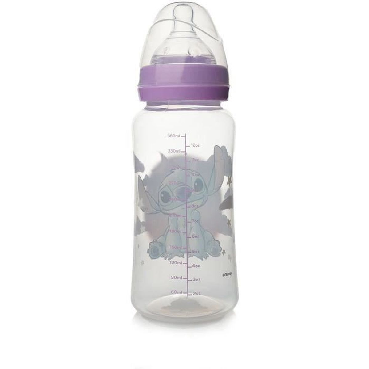 Eine Babyflasche mit lila Deckel, Stitch-Grafik und ml/oz-Markierungen.