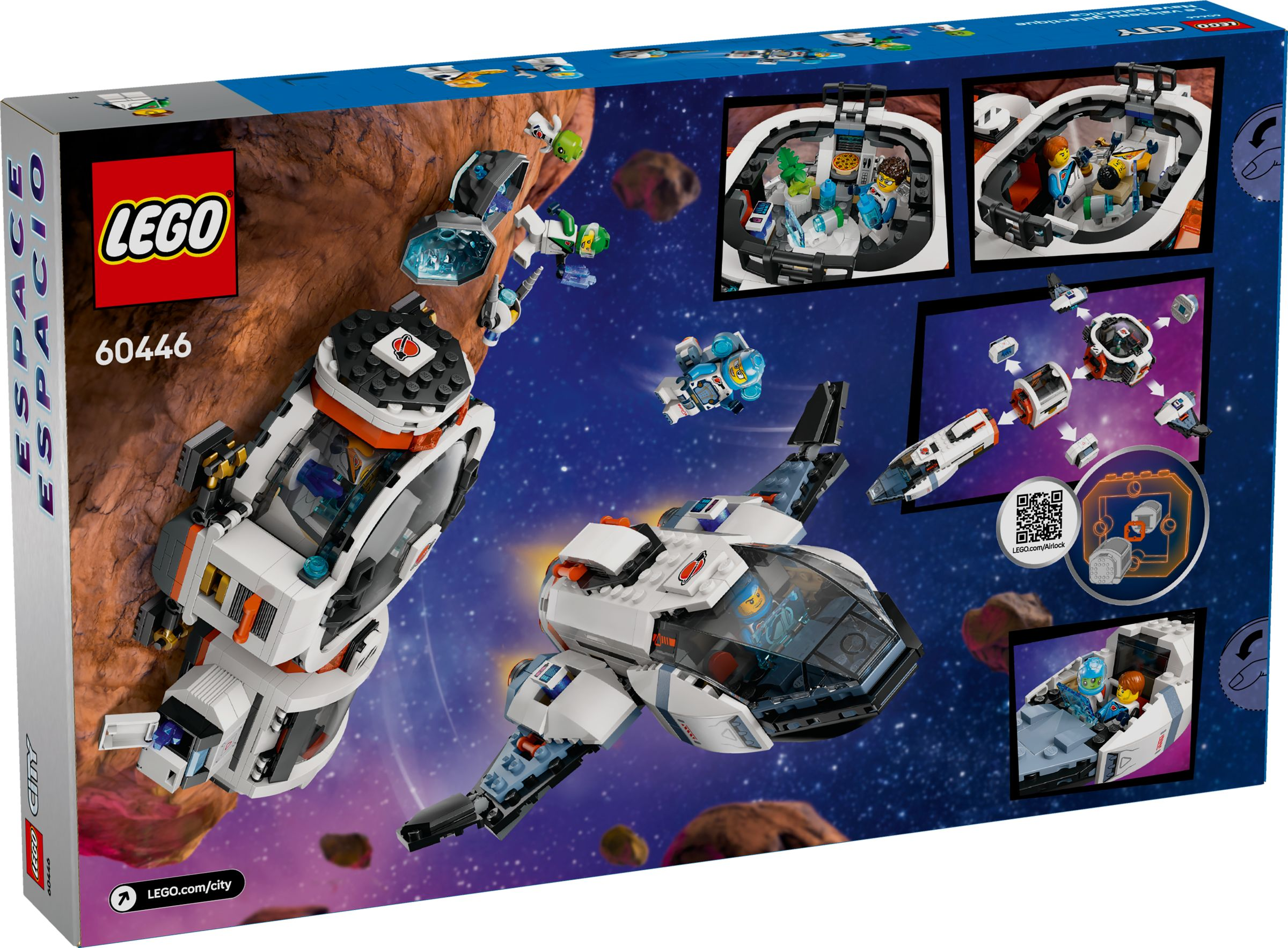 LEGO Weltraumset mit Raumschiff und Astronauten auf einem felsigen Planeten.