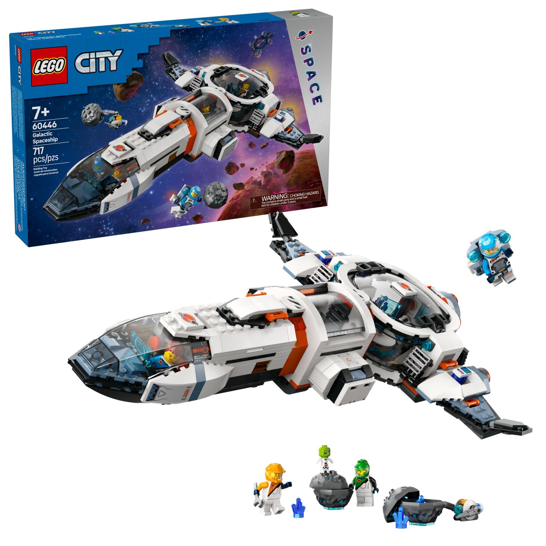 Ein weißes Lego-Raumschiff mit orangen Akzenten und Figuren auf Weltraumhintergrund.