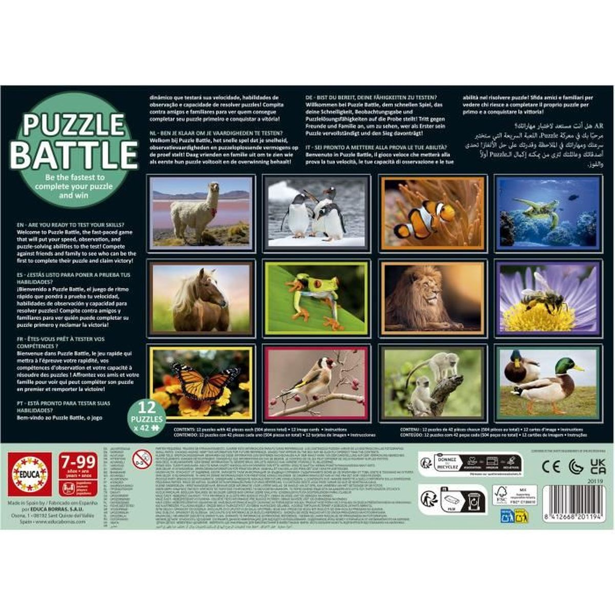 Puzzle Battle Spielverpackung mit Tierbildern, Schmetterlingen und mehr.