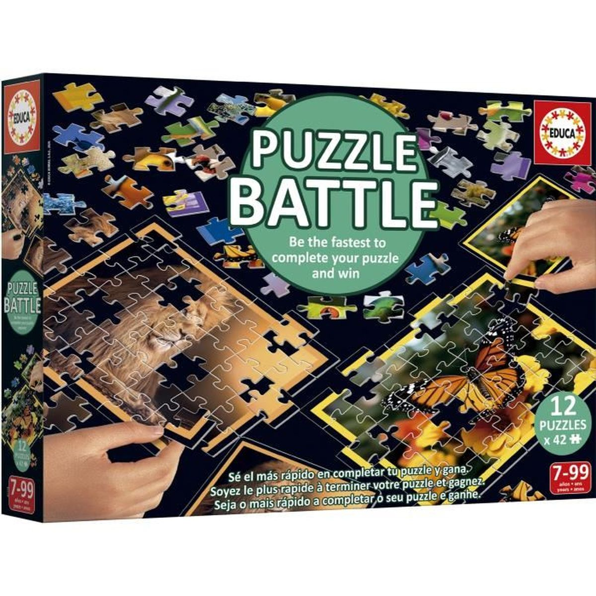 Educa Puzzle Battle Box mit Löwen- und Schmetterlingsmotiven. 12 Puzzles à 42 Teile.