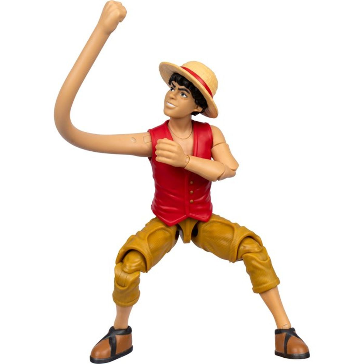 Eine Figur mit Strohhut, roter Weste und gelber Hose streckt einen Arm aus.