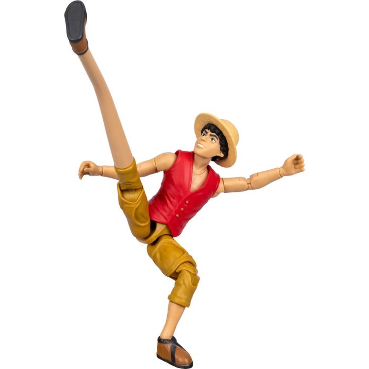 Eine Actionfigur mit Strohhut, roter Weste und gelber Hose tritt nach oben.