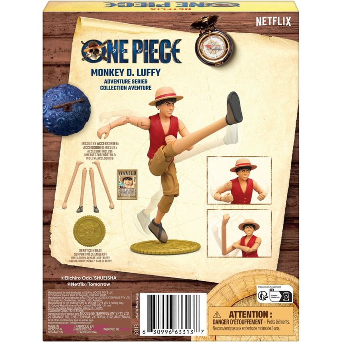 One Piece Monkey D. Luffy Actionfigur mit Zubehör auf der Verpackung. Mit Kompass und Schatzkarte.
