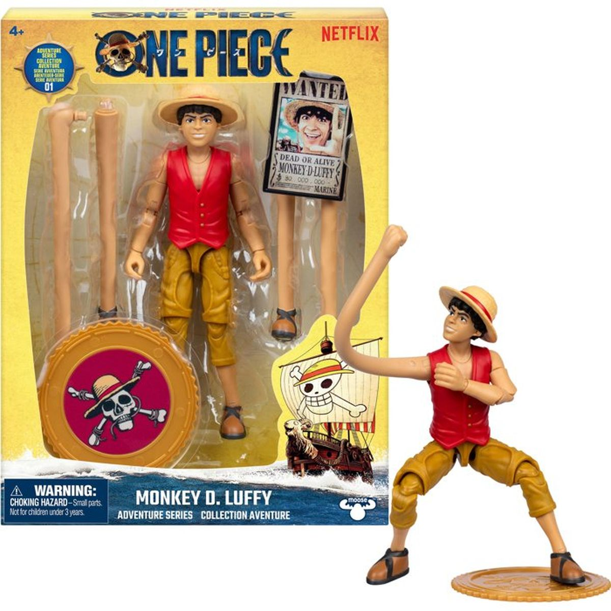 Monkey D. Luffy Actionfigur in Verpackung mit Zubehör, Netflix One Piece Serie.