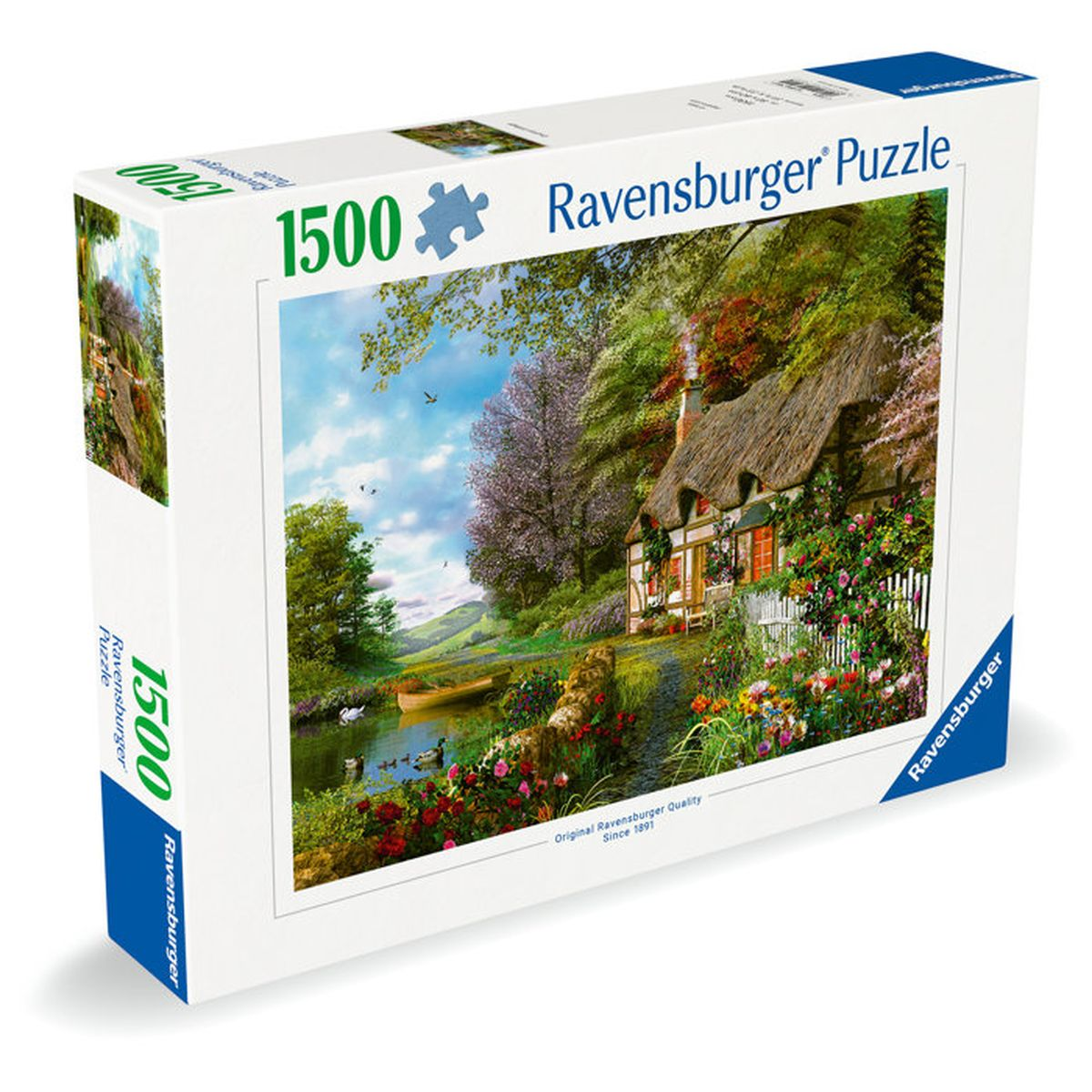 Una scatola di puzzle Ravensburger con una pittoresca casa dal tetto di paglia e giardino.