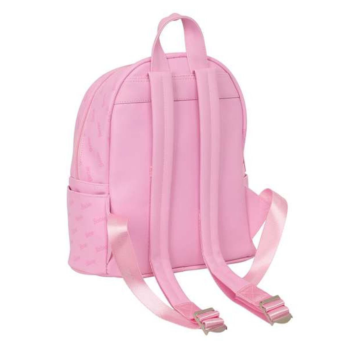 Ein rosa Rucksack mit durchgehendem Logo und zwei Schultergurten.
