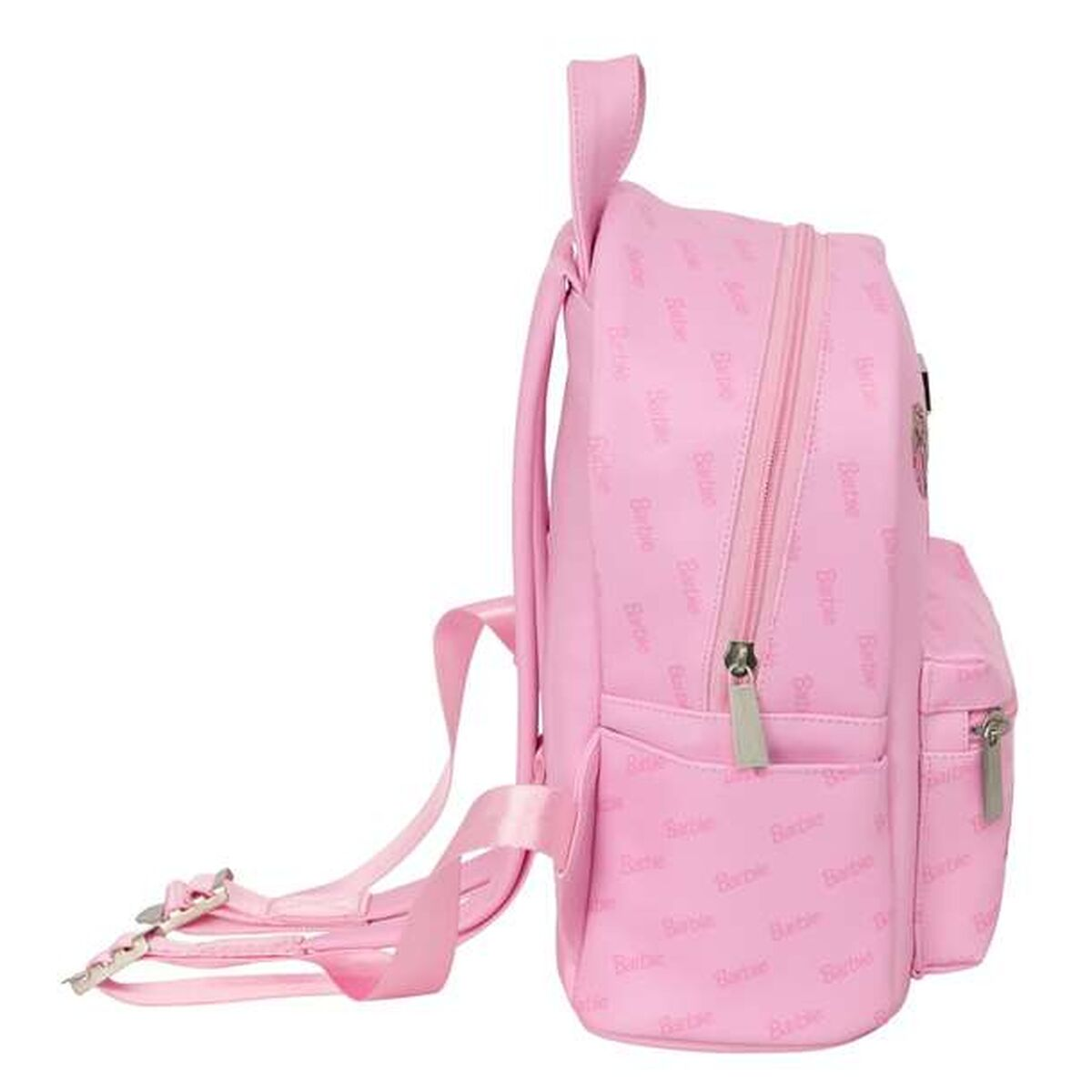 Ein pinker Rucksack mit Barbie-Aufdruck, Fronttasche und Reißverschluss.