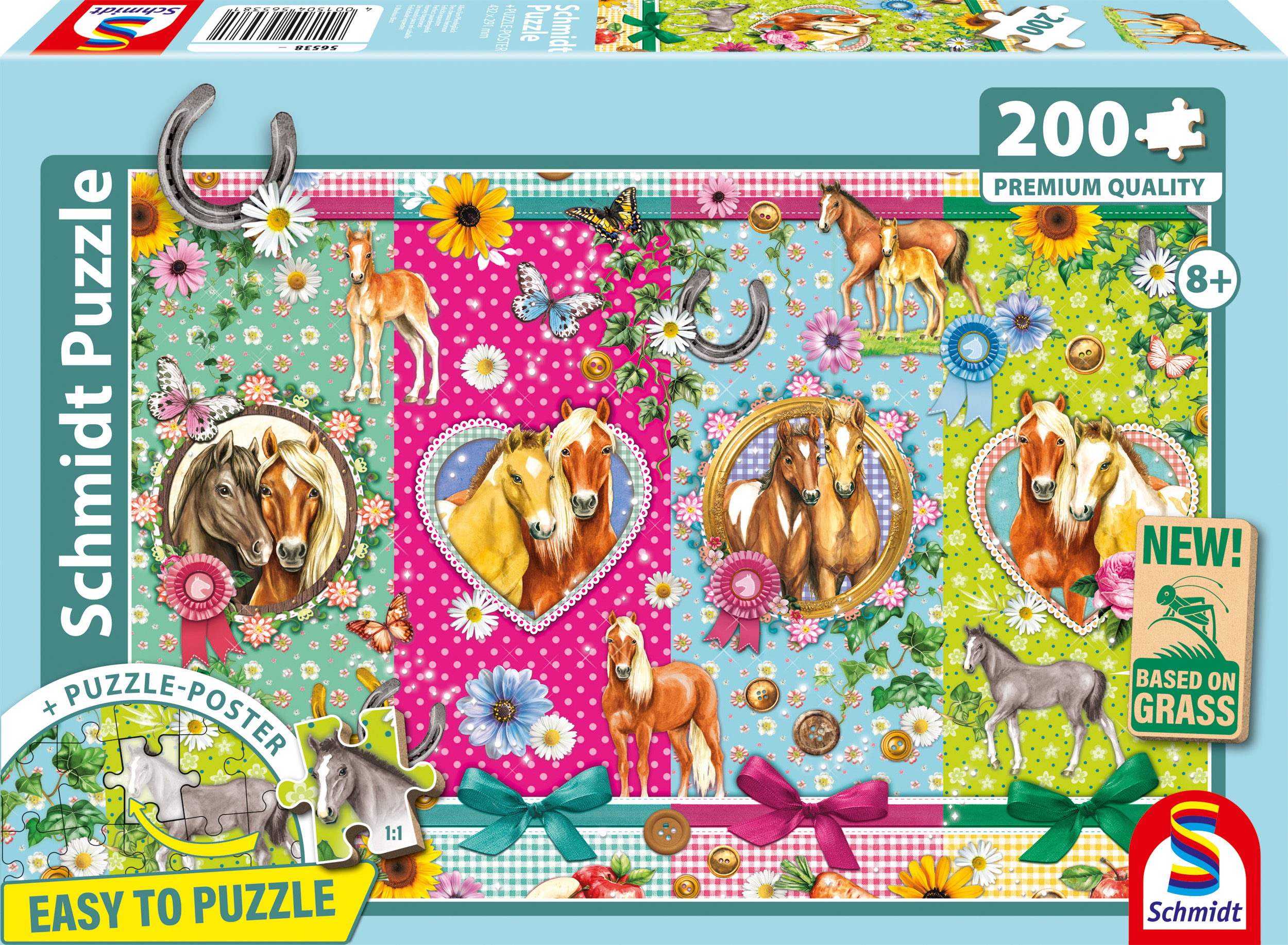 200 Teile Puzzle: Pferdefohlen und Mutterstute auf Blumenwiesen, mit Hufeisen und Schmetterlingen.