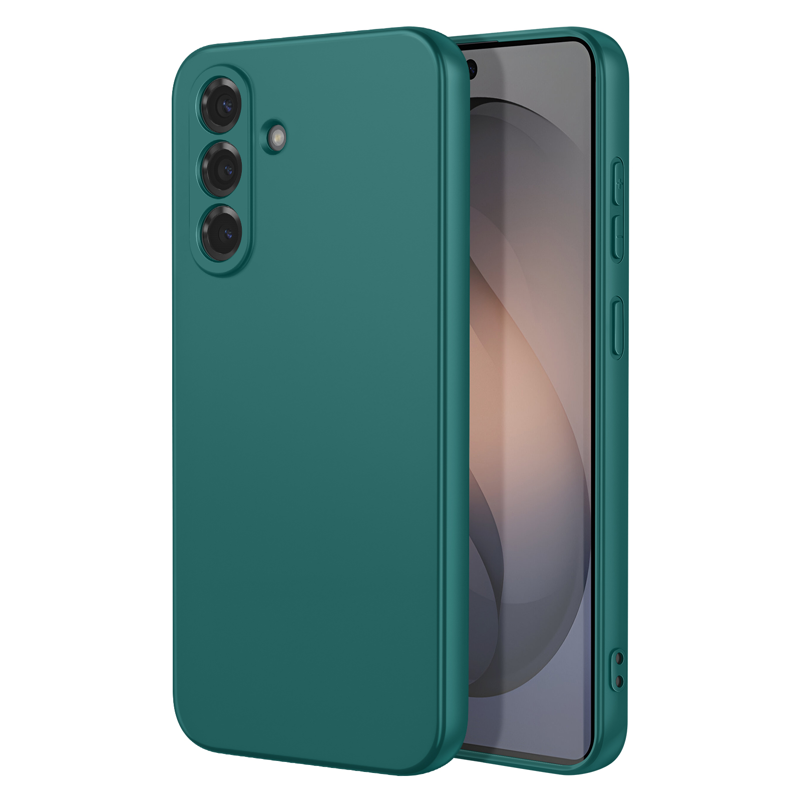 Ein dunkelgrünes Handy mit drei Kameras und einem Blitz.