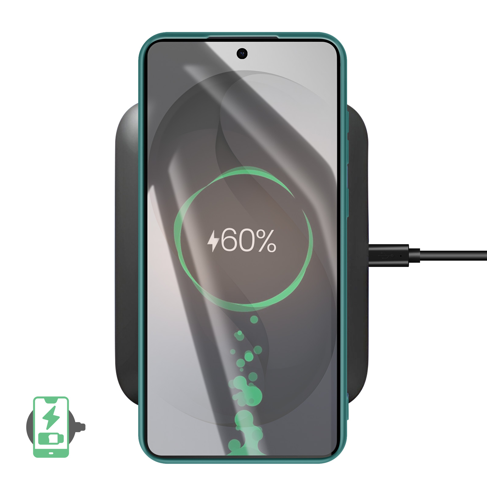 Ein Smartphone mit 60% Akku wird kabellos geladen.