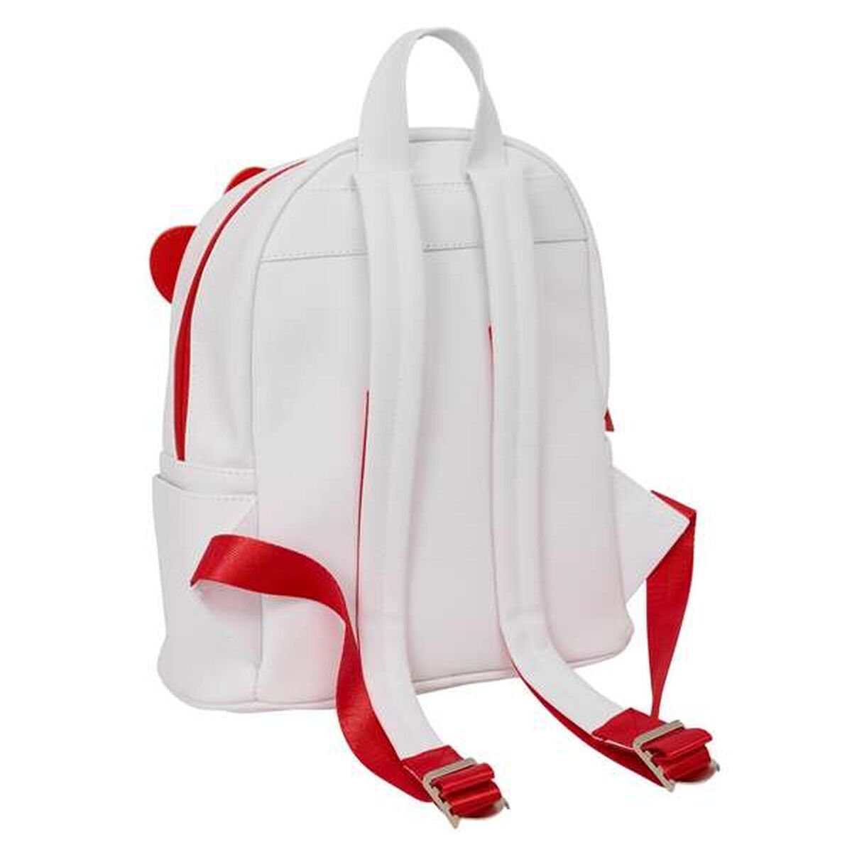 Ein weißer Rucksack mit roten Akzenten und Trägern.